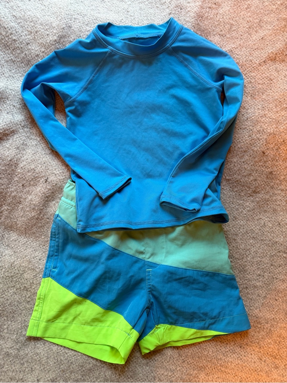 Kids Blue & Lime Two-Piece Swim Set - Long Sleeve Rash Guard & Boardshorts